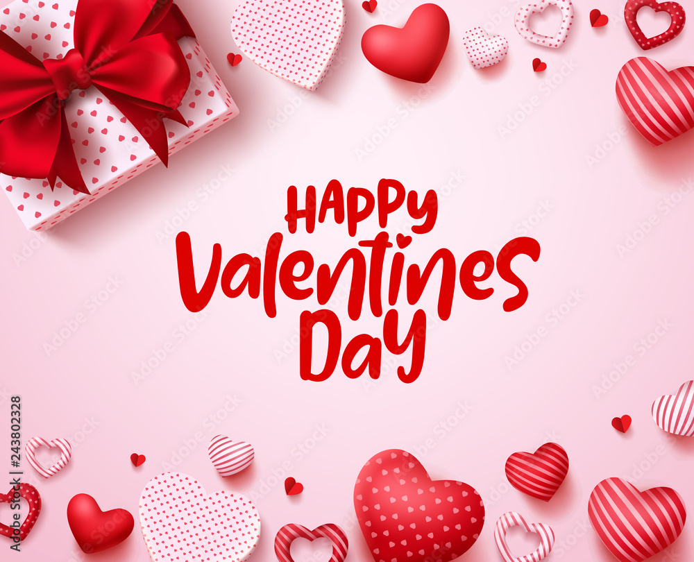 Valentines day vector background template. Happy valentines day text in white space with red hearts and gift elements. Vector illustration. - obrazy, fototapety, plakaty 