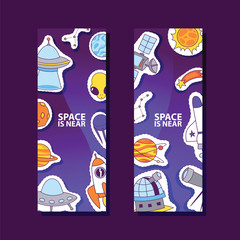 Wall Mural - Space and planets stickers. Space is near poster, banner. Cartoon patches background. Exploring universe vector illustration. Rocket, telescope, alien and ufo spaceship.