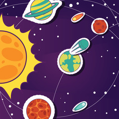 Wall Mural - Space cartoon background with objects, comets, stars, sun and planets vector illustration. Exploring universe banner, poster for cosmic party or for space exploration program.