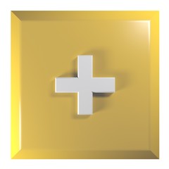 Poster - Yellow square push button with the sign + for the sum operation - 3D rendering illustration