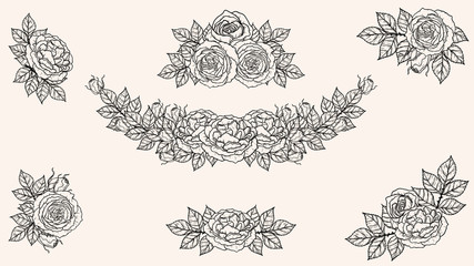 Wall Mural - Rose ornament vector by hand drawing.Beautiful flower on brown background.Sunset memory rose vector art highly detailed in line art style.Flower tattoo for paint or pattern.