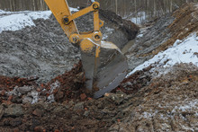 The Process Of Loosening The Soil With An Excavator Bucket During Land Reclamation Work In The Spring Forest