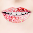 © artmim - Red lips with glamorous glitter lipstick makeup closeup. Cheerful female smile with white teeth