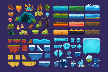 Poster - Collection of summer and winter fantasy landscape elements, user interface assets for mobile apps or video games vector Illustration