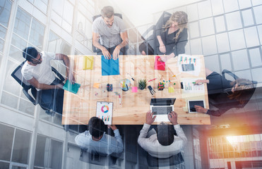 Canvas Print - Business person work together in office. concept of teamwork, business partnership and startup. double exposure