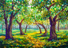 Forest Sunny Landscape - Way Road In Summer Spring Forest - Oil Painting On Canvas Modern Impressionism