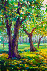 Sticker - Original oil painting, contemporary style. Large big trees oaks in the park forest - sunny green spring landscape