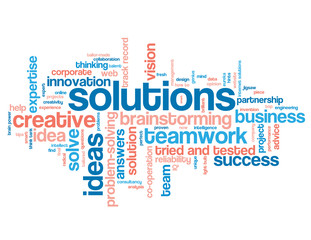 SOLUTIONS blue and coral word cloud