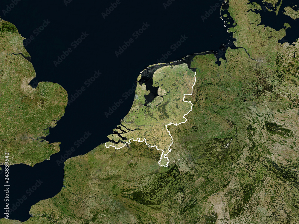 Satellite image of the Netherlands with borders (Isolated imagery of ...