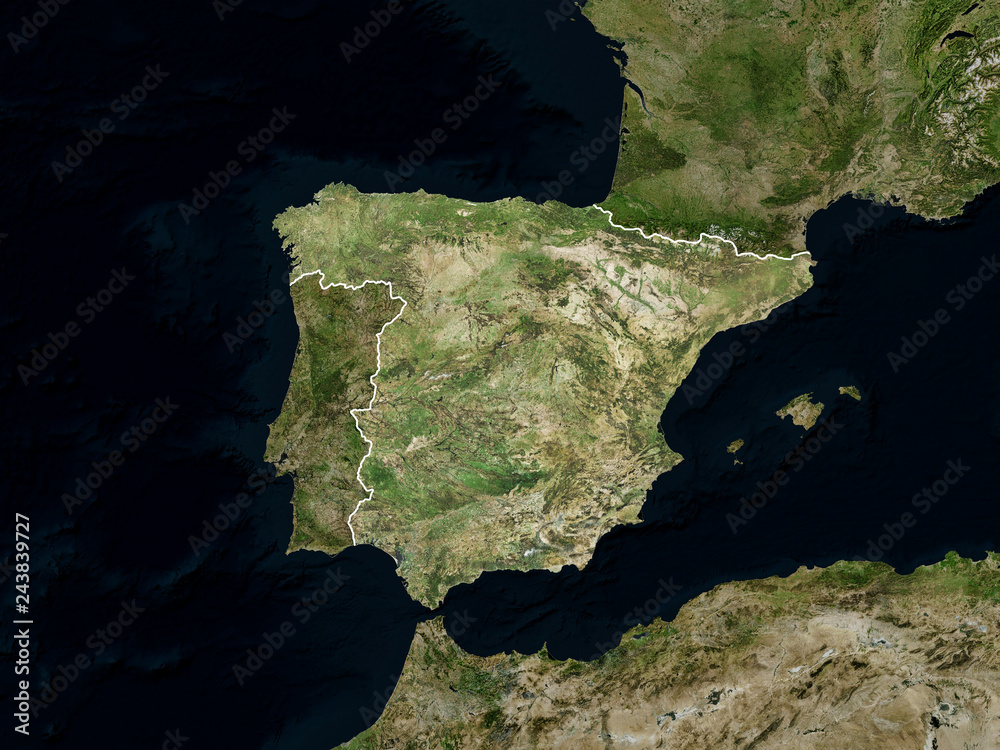 Satellite image of Spain with borders (Isolated imagery of Spain ...