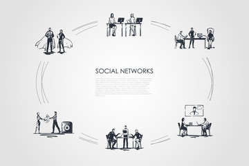 Social networks - business people in office comminicating with laptops and displays vector concept set