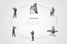 Musicians - Violinist, Harpist, Cellist, Xylophone Player, Flutist, Bassoonist Vector Concept Set