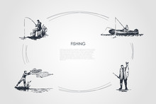 Fishing - Fisherman Casting Net, Fishing Rod, Catching Fish, Sitting On Boat Vector Concept Set
