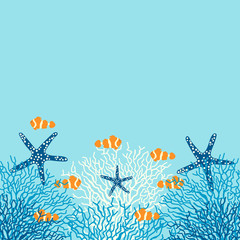 Sea life vector background with coral, fish and starfish on a blue background.