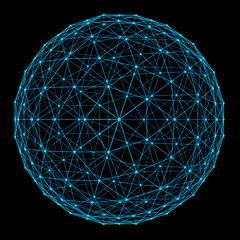 Fototapete - Structure of sphere with network connection lines and dots isolated on black background in futuristic digital computer technology concept, 3d abstract illustration