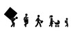 people walk pictogram, stick figure human icon, set of silhouettes of people carrying cargo