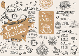 Coffee house menu. Restaurant cafe menu, template design. Food flyer.