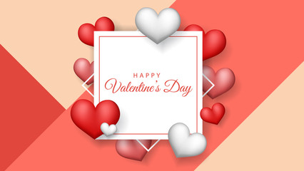 Valentine's Day frame banner with white, pink and red hearts, and white frame. Horizontal banner for February 14th, design for greeting card or template