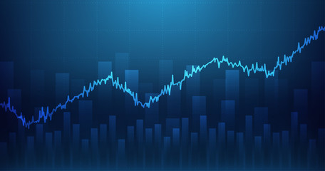 Widescreen Abstract financial graph with uptrend line and bar chart of stock market on blue color background