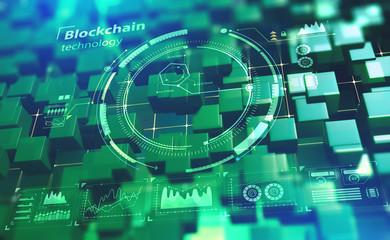 Aufkleber - Blockchain technology. Future cyberspace. Information chains in a decentralized global system. 3D illustration with HUD elements