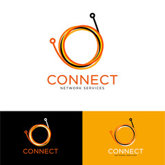 Poster - connect logo. optical fiber loops from multicolor lines. identity. logos on different backgrounds.
