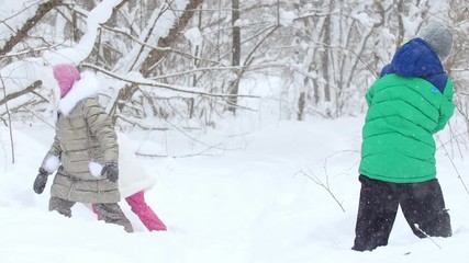 Wall Mural - Winter forest. Children standing in front of each other playing snowballs