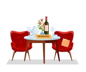 Concept Reserved in cafe. Restaurant table and wine glasses, pot, bottle, cups. Diner setting, soft red armchairs and flowers in vase, drinks containers, alcohol. Flat cartoon vector illustration