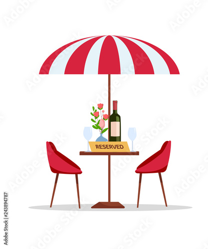 Reserved Table In Park Cafe Under Parasol Flat Cartoon