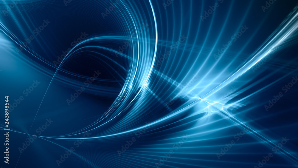 Abstract blue background element on black. Fractal graphics. Three-dimensional composition of glowing lines and mption blur traces. Movement and innovation concept. - obrazy, fototapety, plakaty 