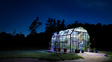 Night greenhouse lighted with stars shining brightly above.