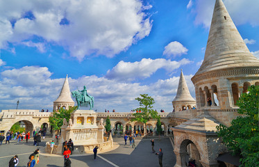 Budapest, Hungary. October 3, 2018. View on the Old Fisherman Bastion and statue of Stephen I in Budapest at morning time at the heart of Buda Castle District.. Hungary.