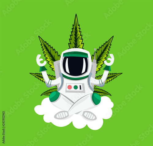 Astronaut meditating on the cloud, green cannabis leaf - Buy this stock