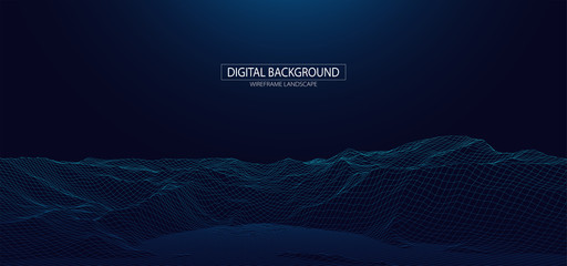 wireframe landscape background. futuristic vector illustration.