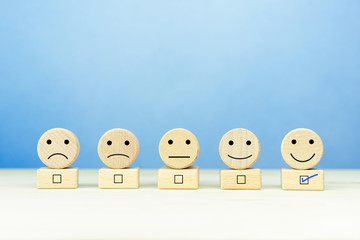 Poster - Customer service evaluation and satisfaction survey concepts. Happy face smile face icon on a wooden ball on table