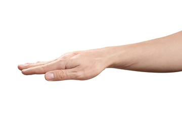 Male palm hand gesture, isolated on white background