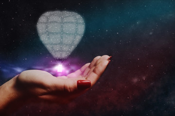 Poster - Human holding balloon in palm. Mixed media.