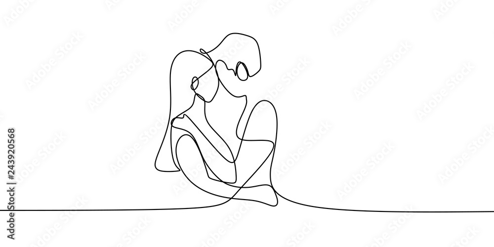 Single one line drawing of couple in kissing moment. Man kiss a girl vector illustration. - obrazy, fototapety, plakaty 