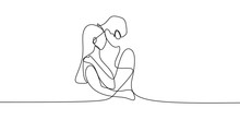 Single One Line Drawing Of Couple In Kissing Moment. Man Kiss A Girl Vector Illustration.