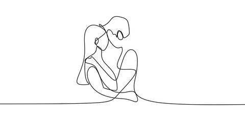 Wall Mural - Single one line drawing of couple in kissing moment. Man kiss a girl vector illustration.