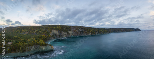 Fotografía Aerial panoramic Canadian Landscape View by the Atlantic Ocean Coast during a cloudy sunrise