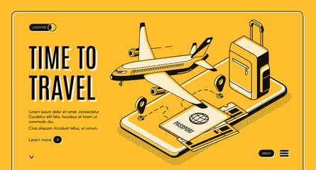 online service, mobile app for travelers and tourists isometric vector web banner. flying passenger 