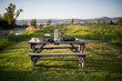 © Lynn Donaldson - Picnic Table on Green Grass with Blue Sky, Trees and Hills in Summer Evening Sunlight