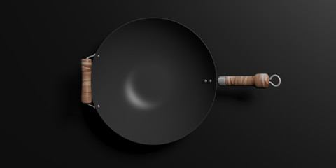 Empty wok with wooden handles isolated on black background. 3d illustration