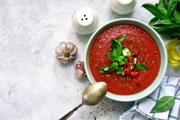 Traditional spanish cold tomato soup.Top view with copy space.