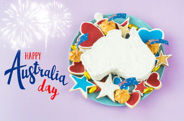 Wall Mural - vanilla cream cake in a shape of the Australia - Happy Australia Day message greeting card  