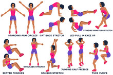 Standing Arm Circles. Cat Back Stretch. Leg Pull In Knee Up. Standing Hamsting Stretch. Seated Punches. Shoulder Stretch. Samson Stretch. Jumping Calf Press. Tuck Jumps. Sport Exersice.