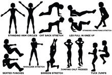 Standing Arm Circles. Cat Back Stretch. Leg Pull In Knee Up. Standing Hamsting Stretch. Seated Punches. Shoulder Stretch. Samson Stretch. Jumping Calf Press. Tuck Jumps. Sport Exersice.