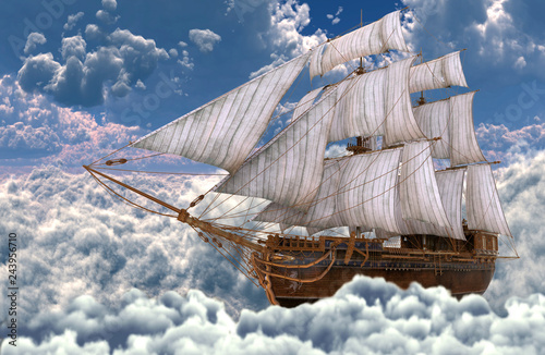 Sailboat flying above the clouds 3d illustration