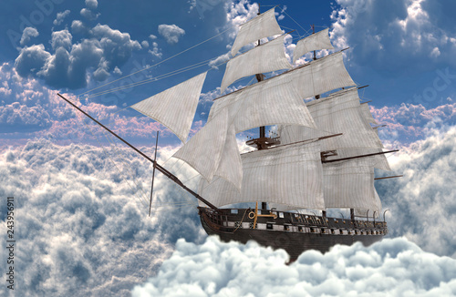 Sailboat flying above the clouds 3d illustration