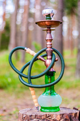 Green glass and copper metal hookah with twisted elastic hose standing on a tree stump. Hookah is a single or multi-stemmed instrument for vaporizing and smoking flavored tobacco